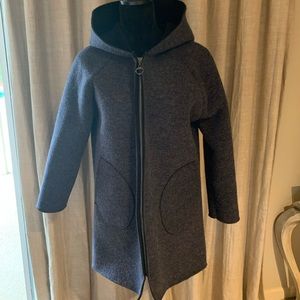 Coat with hood.